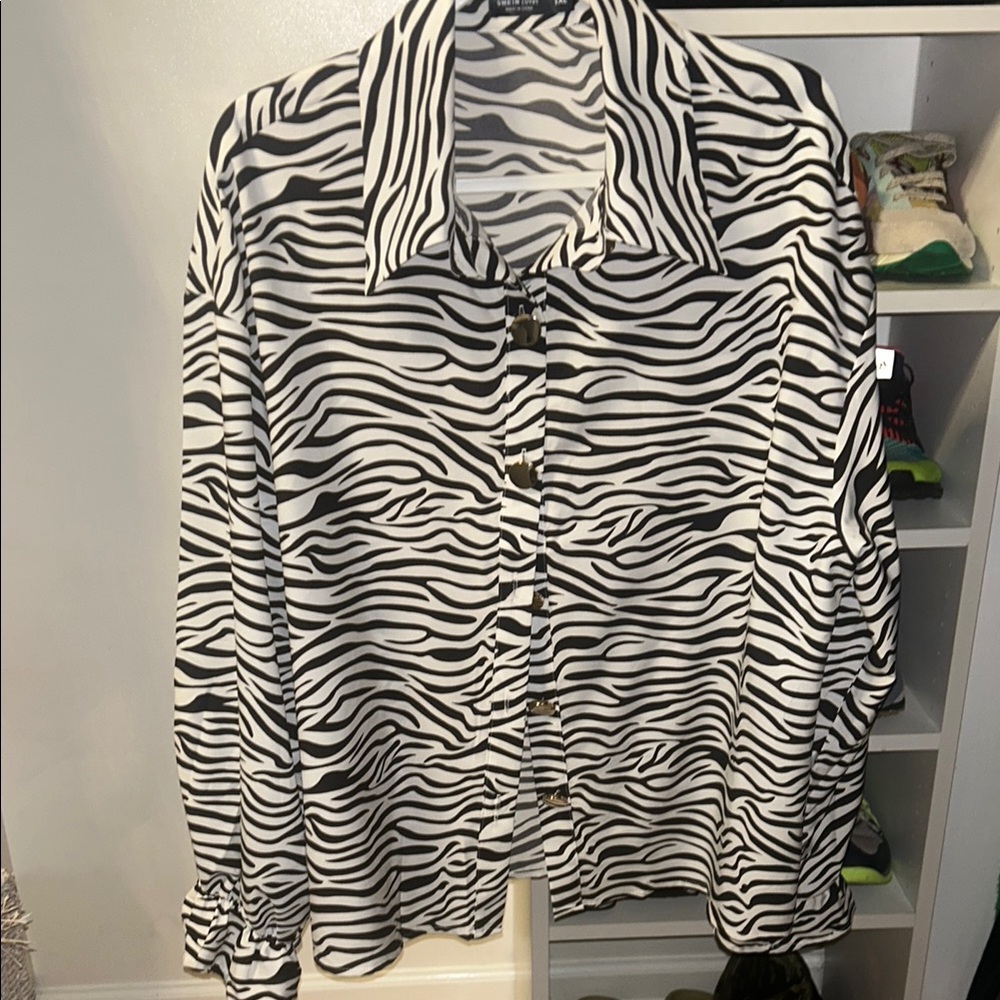 Black and White Button Down Shirt with Notched Collar